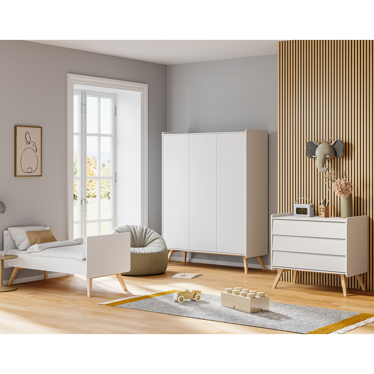 Chambre complète lit évolutif 70x140 commode à langer et armoire 3 portes Vox Vintage Blanc et Bois