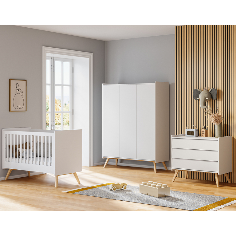 Chambre complète lit bébé 60x120 commode à langer et armoire 3 portes Vox Vintage Blanc et Bois