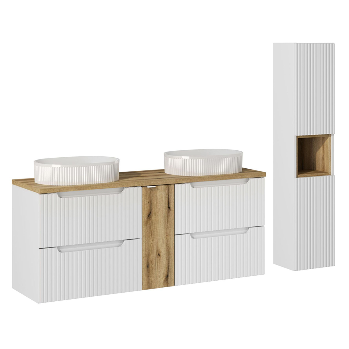 Ensemble meuble double vasque 140cm 4 tiroirs et colonne Riva Blanc et Bois
