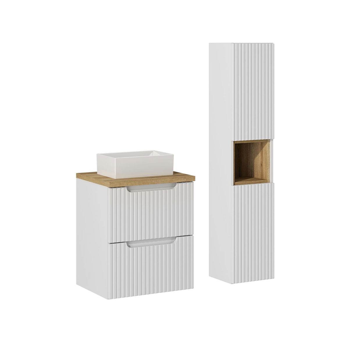 Ensemble meuble simple vasque 50cm 2 tiroirs et colonne Riva Blanc et Bois