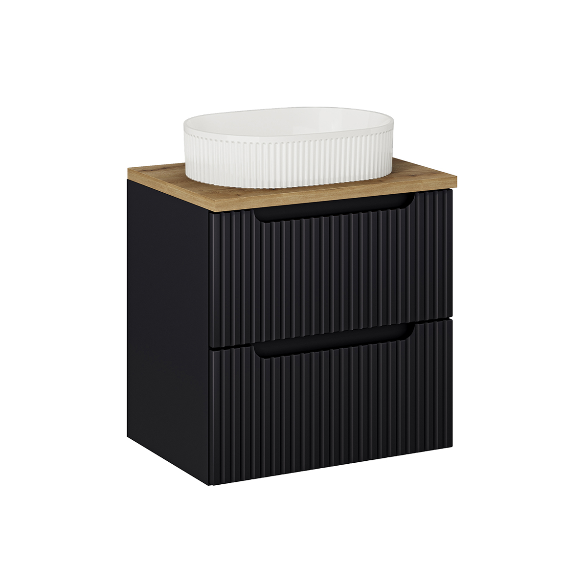 Meuble simple vasque 60cm 2 tiroirs Riva Noir et Bois