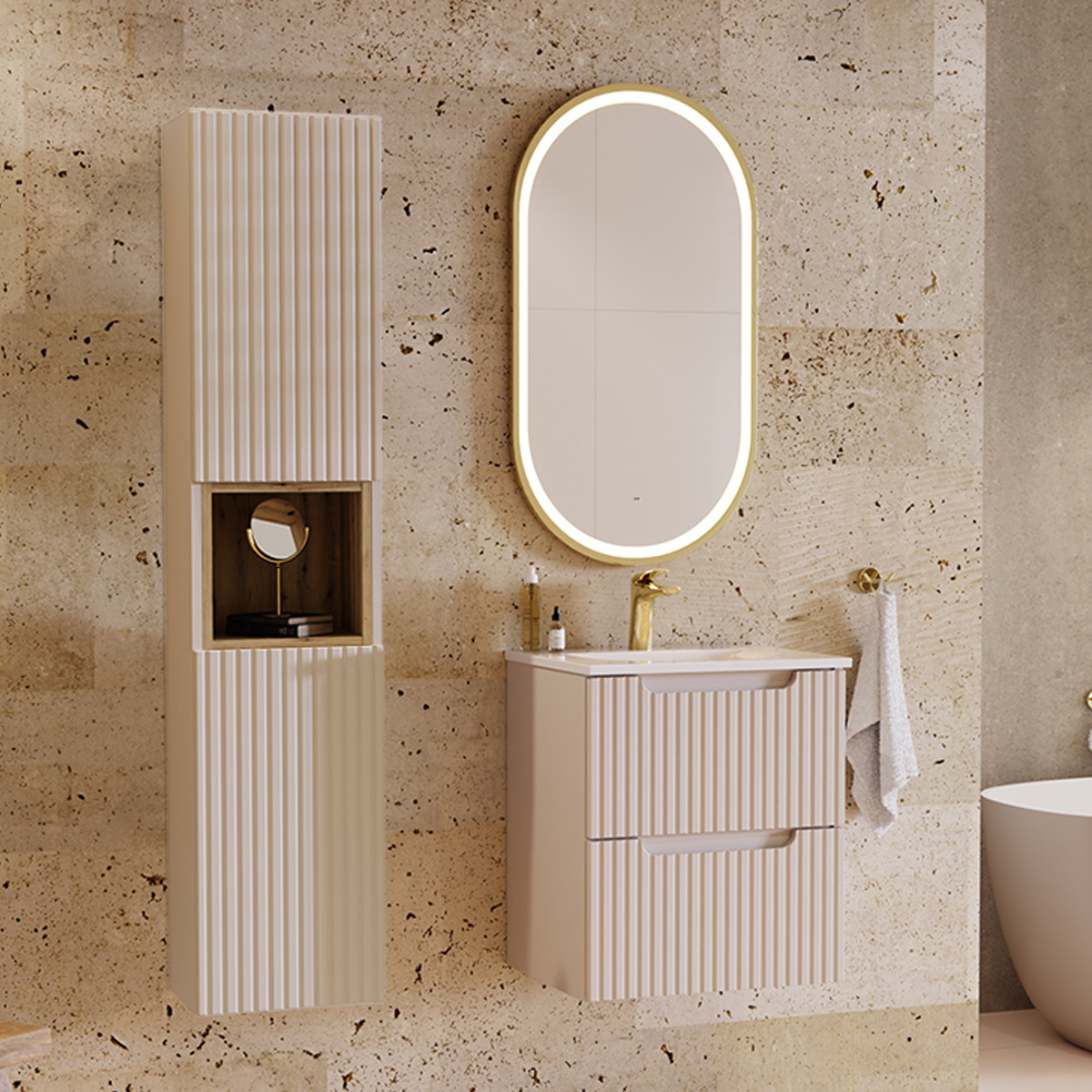 Ensemble meuble simple vasque encastrée 50cm 2 tiroirs et colonne Riva Cachemire et Bois