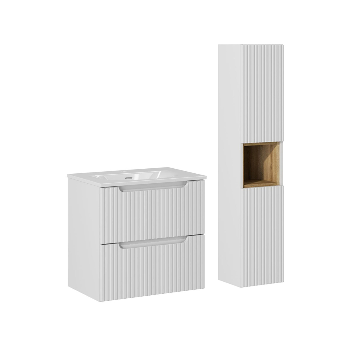 Ensemble meuble simple vasque encastrée 60cm 2 tiroirs et colonne Riva Blanc et Bois