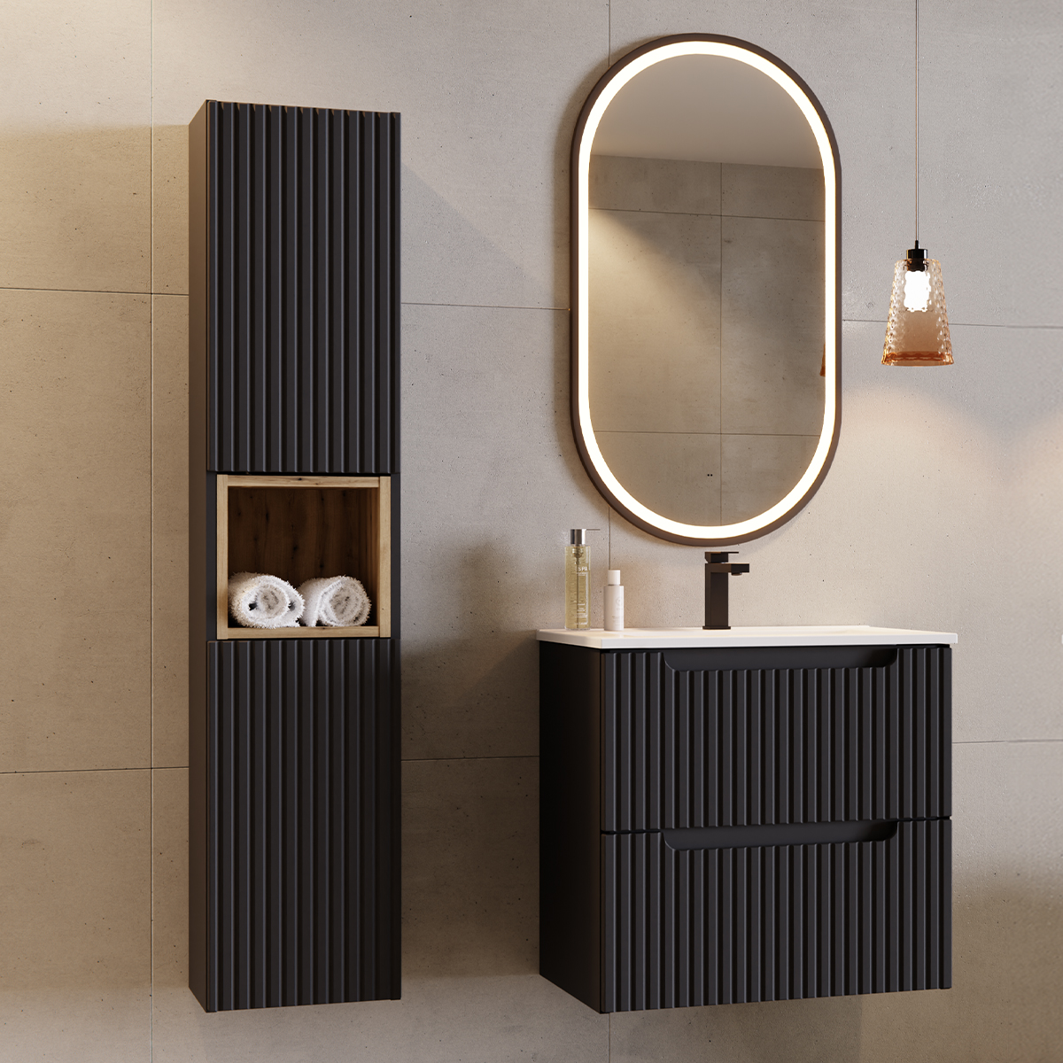 Ensemble meuble simple vasque encastrée 60cm 2 tiroirs et colonne Riva Noir et Bois