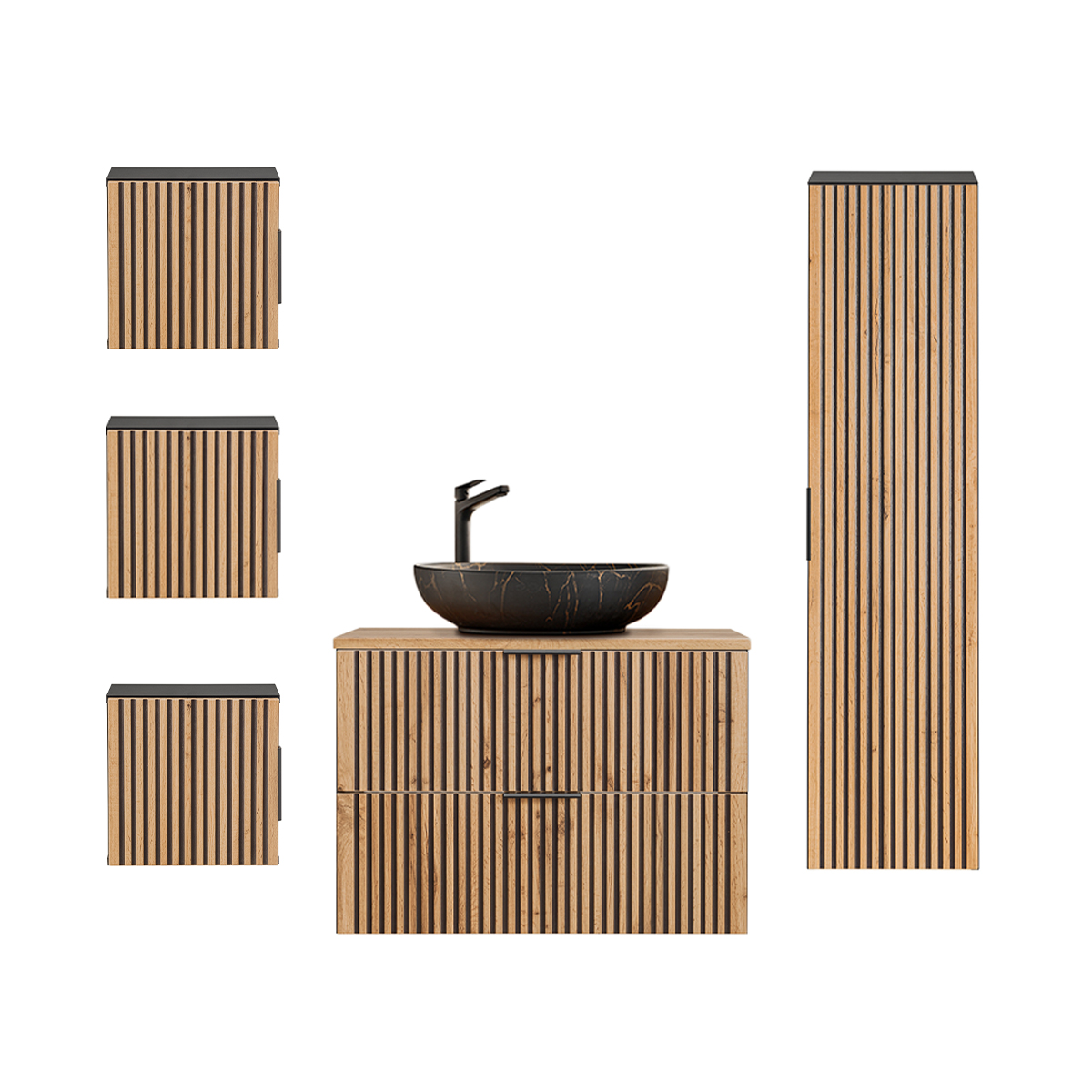 Ensemble meuble simple vasque 80cm colonne et 3 armoires murales Gaia Bois et Noir - Vasque Noir