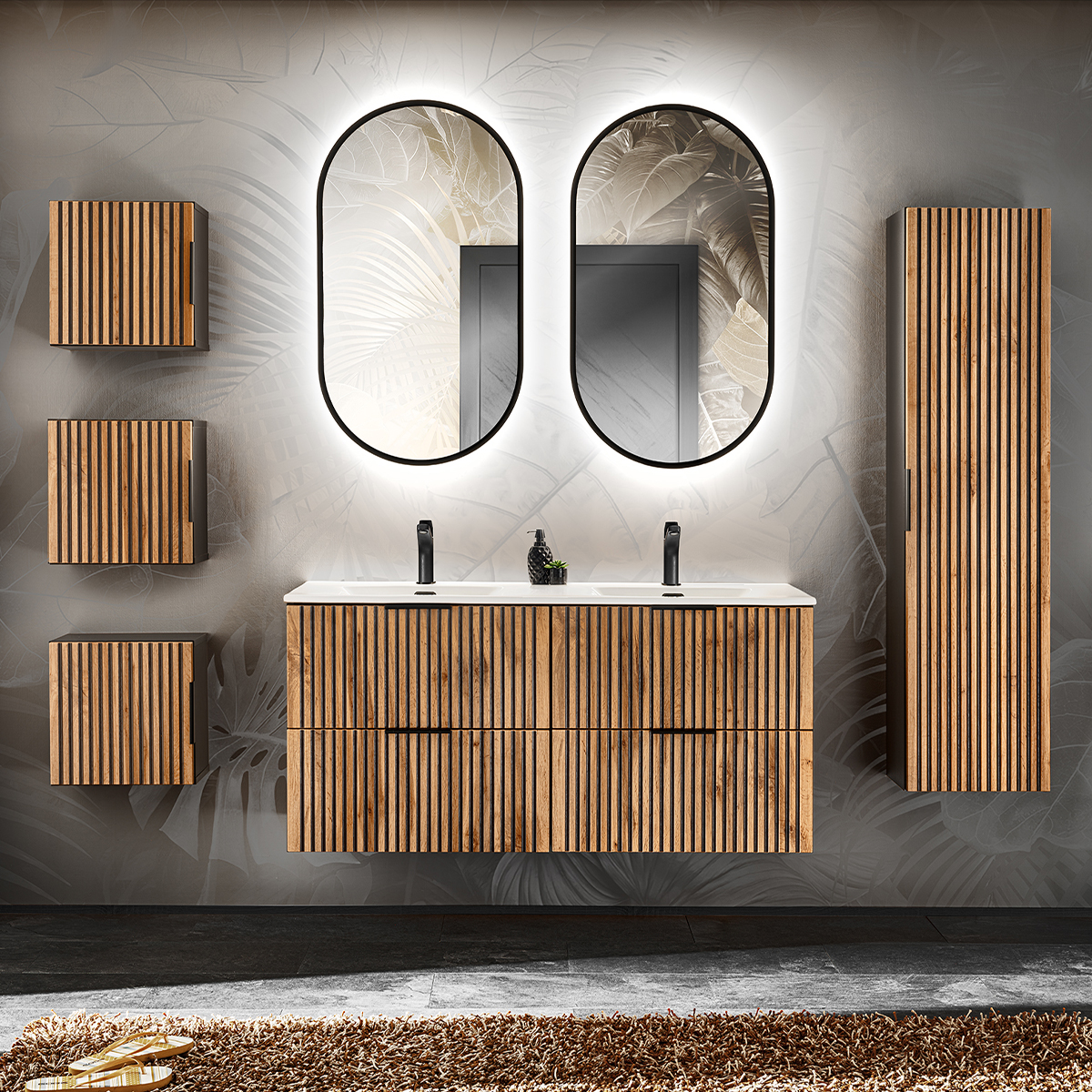 Ensemble meuble double vasque encastrée 120cm colonne et 3 armoires murales Gaia Bois et Noir