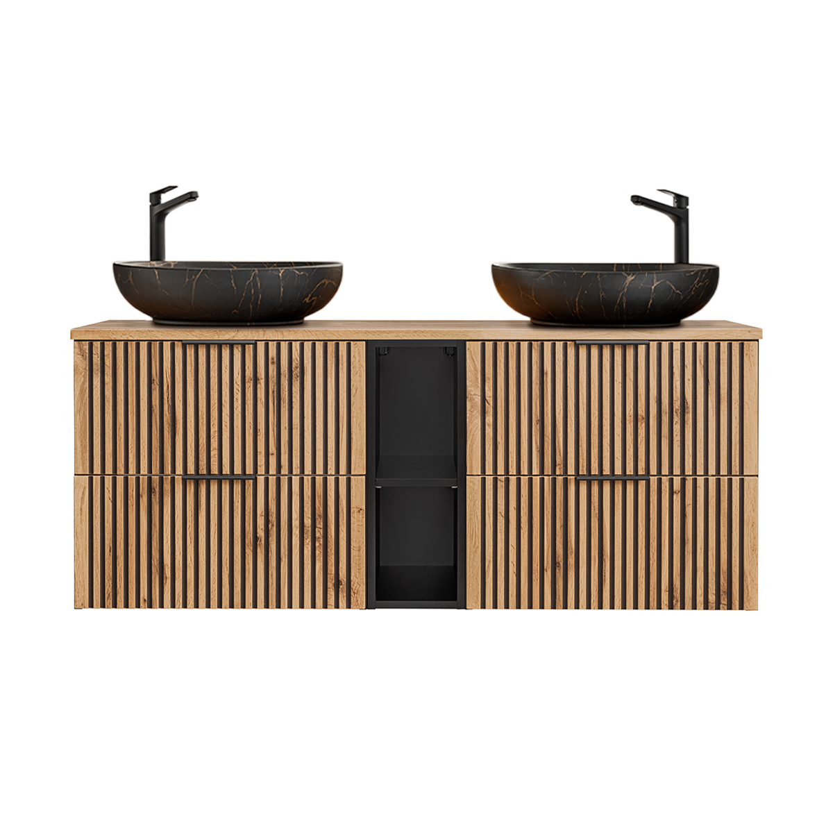 Meuble double vasque 140cm 2 niches Gaia Bois et Noir - Vasque Noir