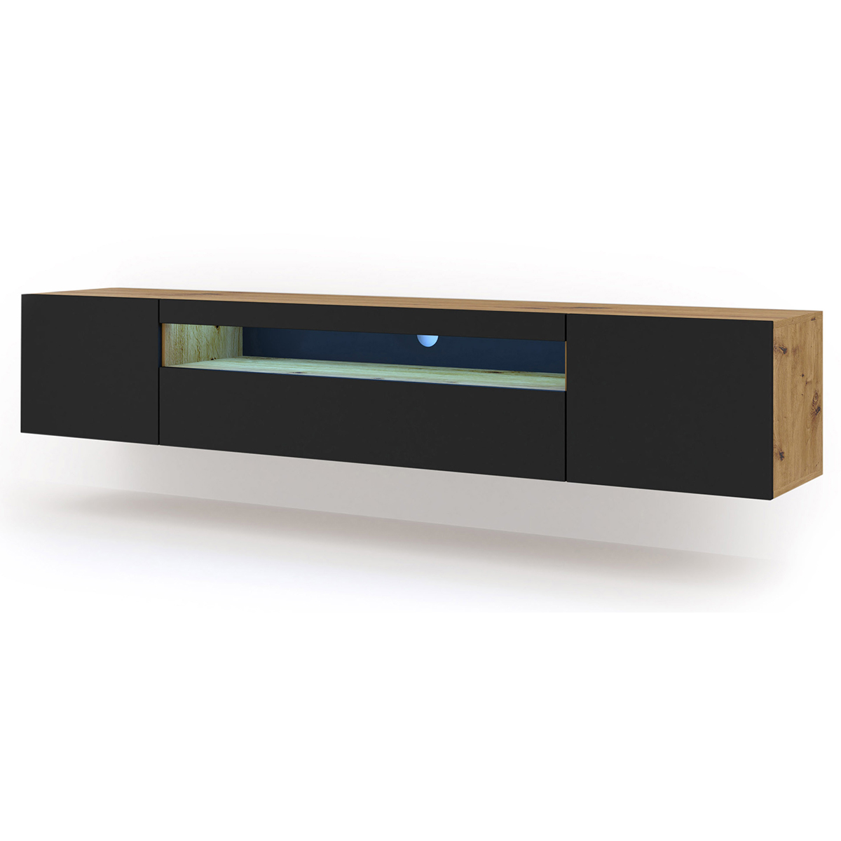 Meuble TV mural 3 portes 200 cm LED Aurus Noir et Bois