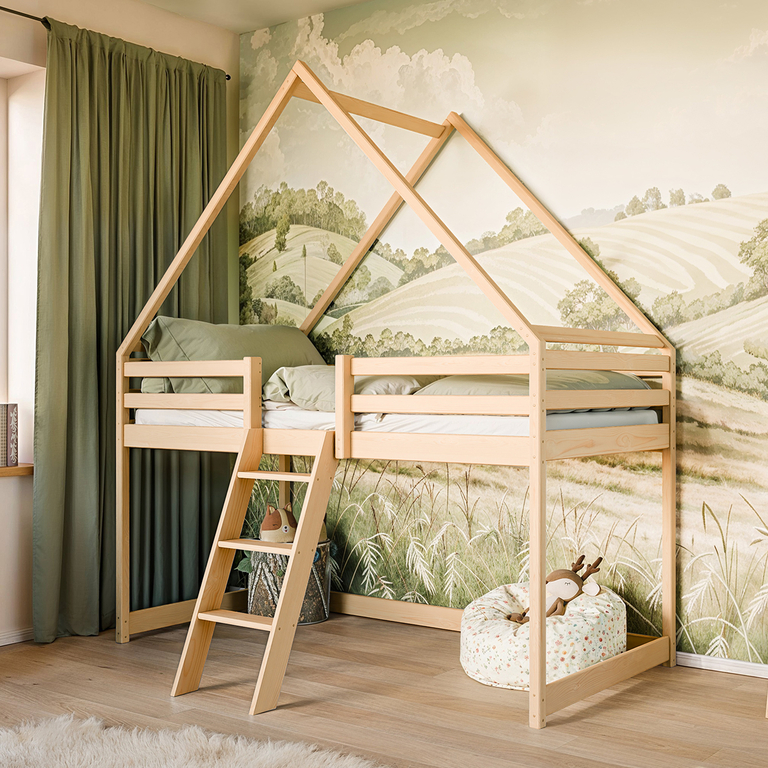 Lit cabane mi-hauteur 90x200 sommier inclus Coraline Bois
