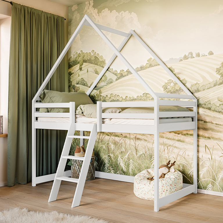 Lit cabane mi-hauteur 90x200 sommier inclus Coraline Blanc