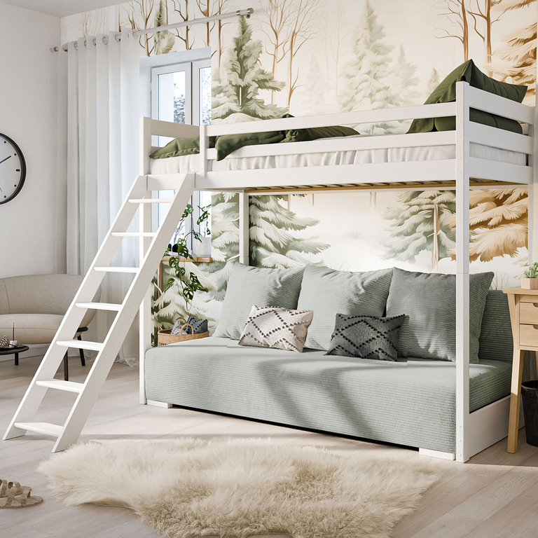 Lit mi-hauteur 90x200 sommier et canapé inclus Orlane Blanc et gris