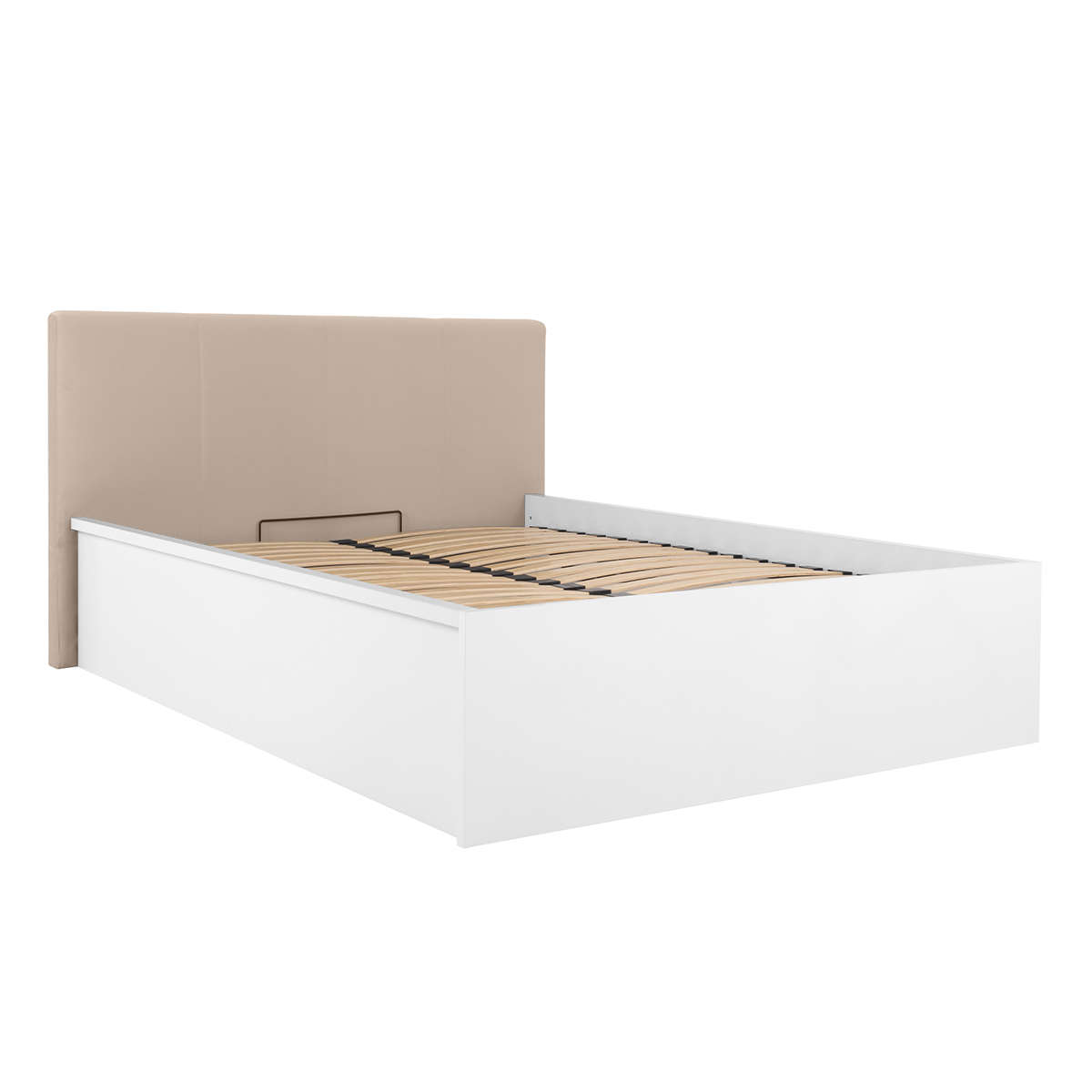 Lit coffre 140x200 tête de lit rembourrée sommier inclus Edwin Blanc et Beige