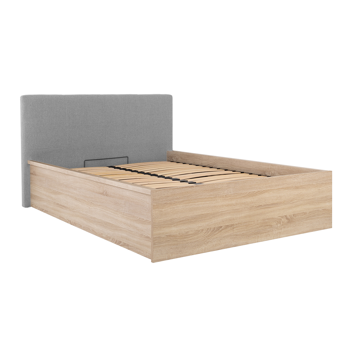 Lit coffre 160x200 tête de lit rembourrée sommier inclus Edwin Bois Clair et Gris