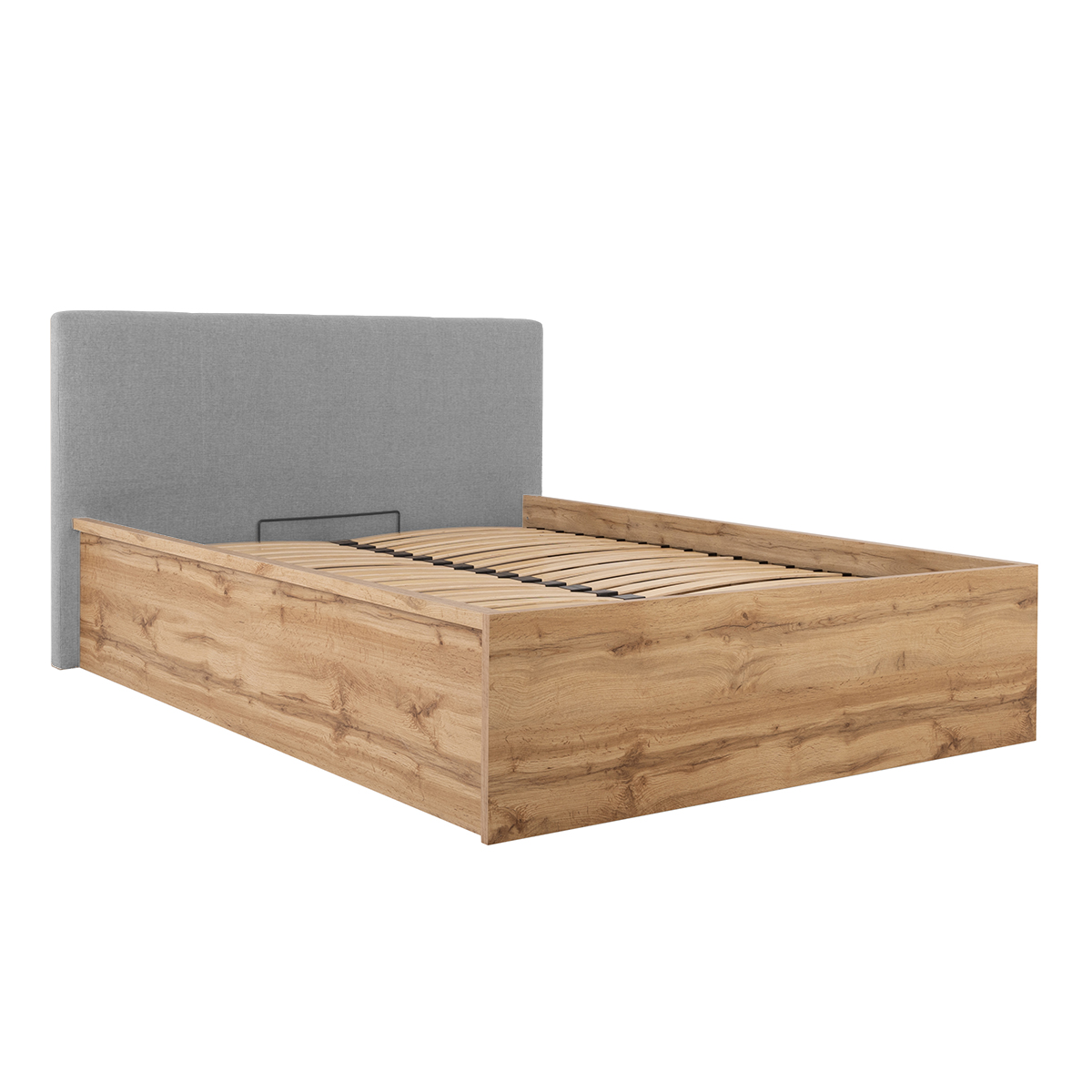 Lit coffre 140x200 tête de lit rembourrée sommier inclus Edwin Bois et Gris