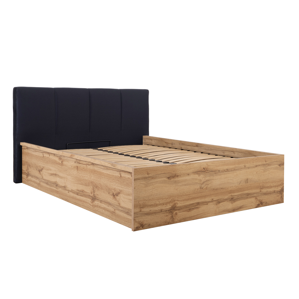 Lit coffre 140x200 tête de lit rembourrée sommier inclus Edwin Bois et Noir