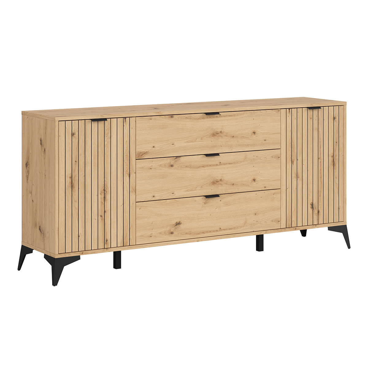 Buffet skandi style scandinave en bois avec 3 tiroirs et 2 portes, bahut bas lasuré gris