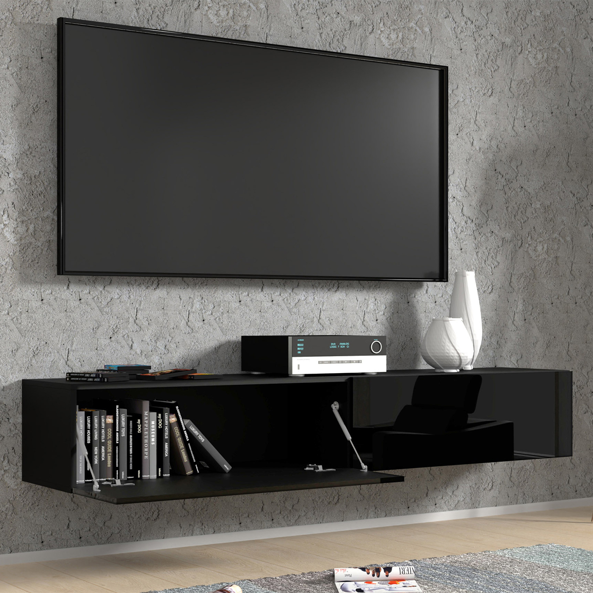 Bali_noir_brillant_meuble_TV_180cm_ambiance_2