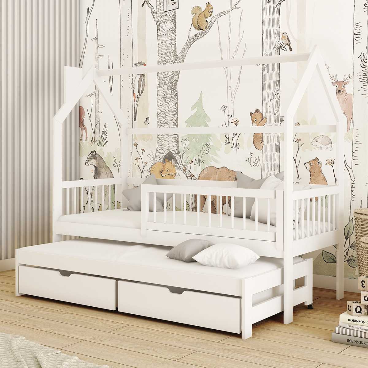 Lit cabane 90x200 sommiers lit gigogne et tiroirs Lino Blanc