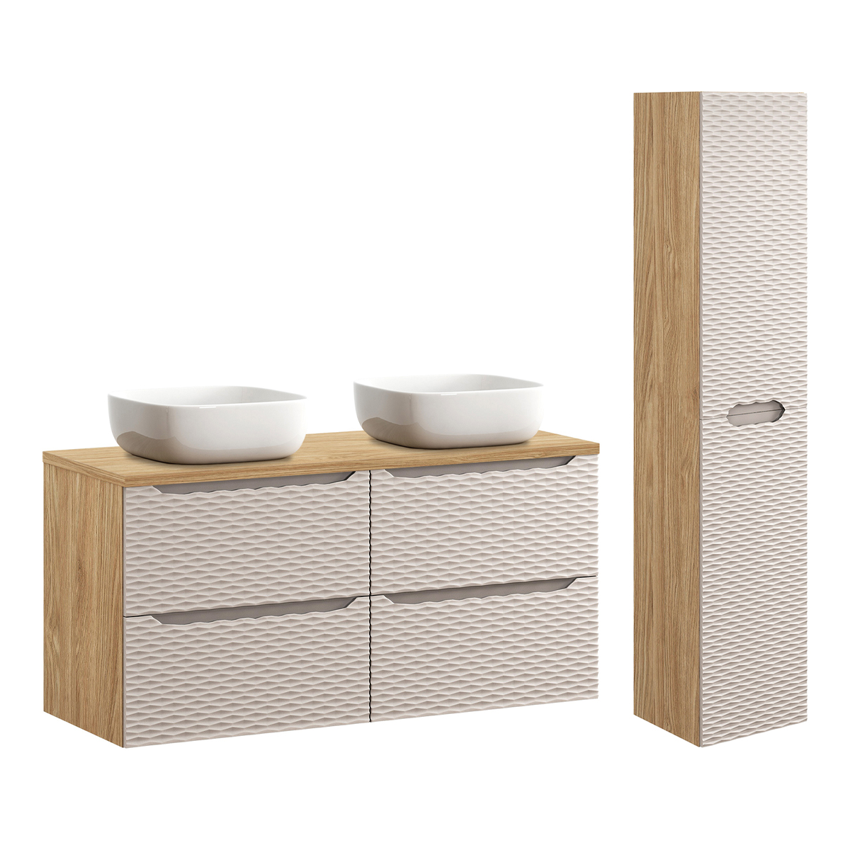 Ensemble meuble double vasque 120cm 4 tiroirs et colonne Elora Beige et bois