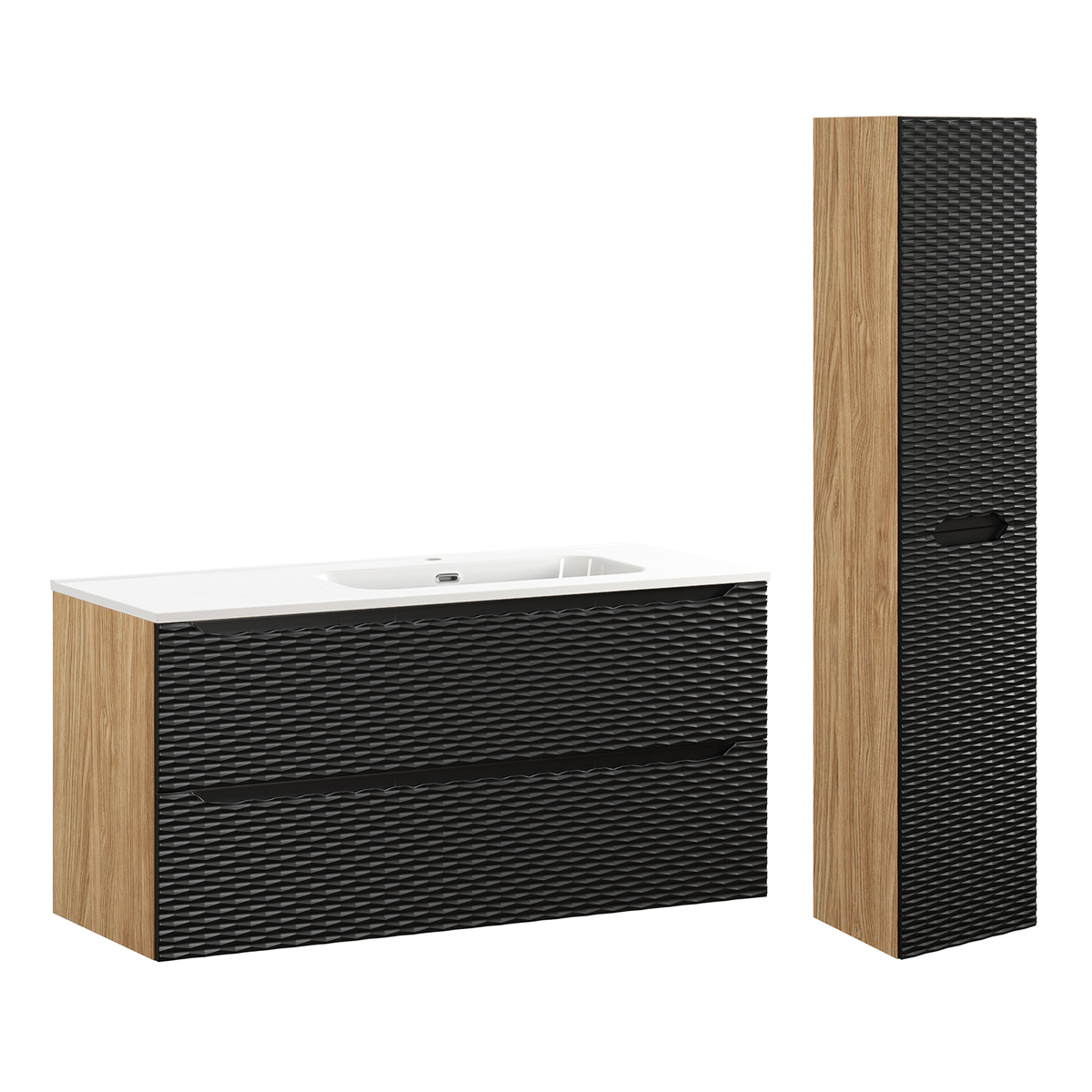 Ensemble meuble simple vasque encastrée droite 120cm 2 tiroirs et colonne Elora Noir et bois