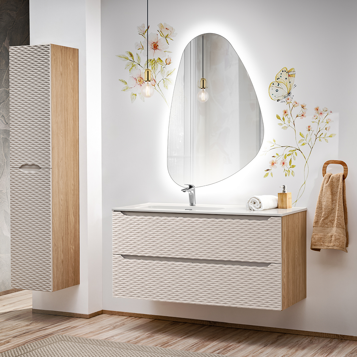 Ensemble meuble simple vasque encastrée gauche 120cm 2 tiroirs et colonne Elora Beige et bois