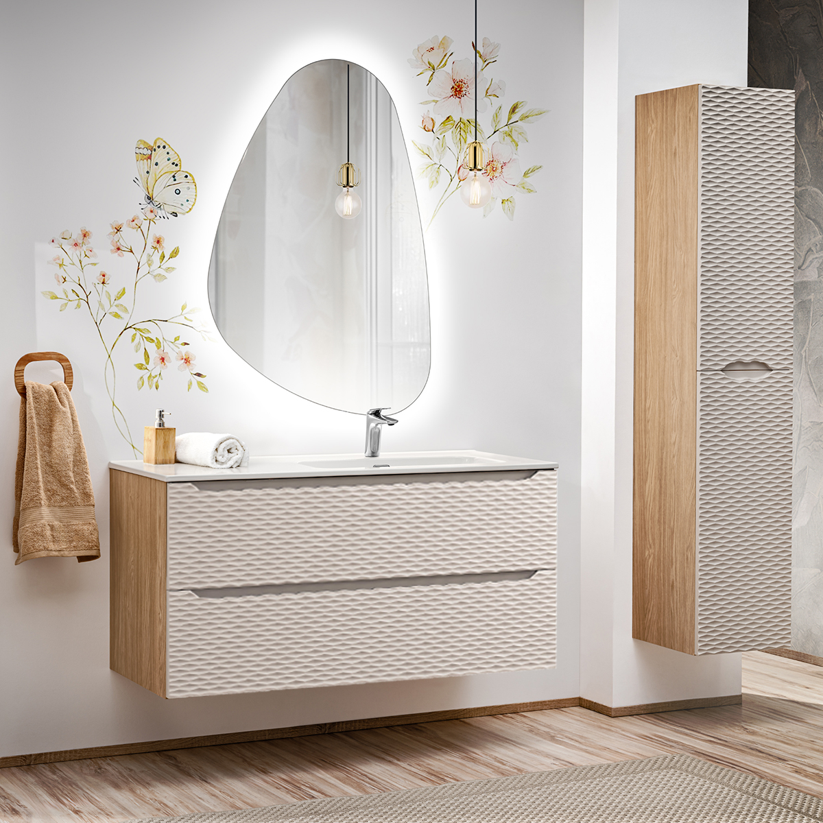 Ensemble meuble simple vasque encastrée droite 120cm 2 tiroirs et colonne Elora Beige et bois