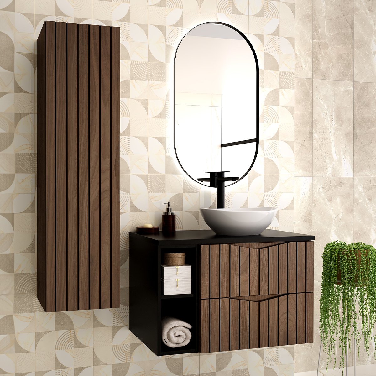 Ensemble meuble simple vasque 80cm 2 niches et colonne Siena bois et noir