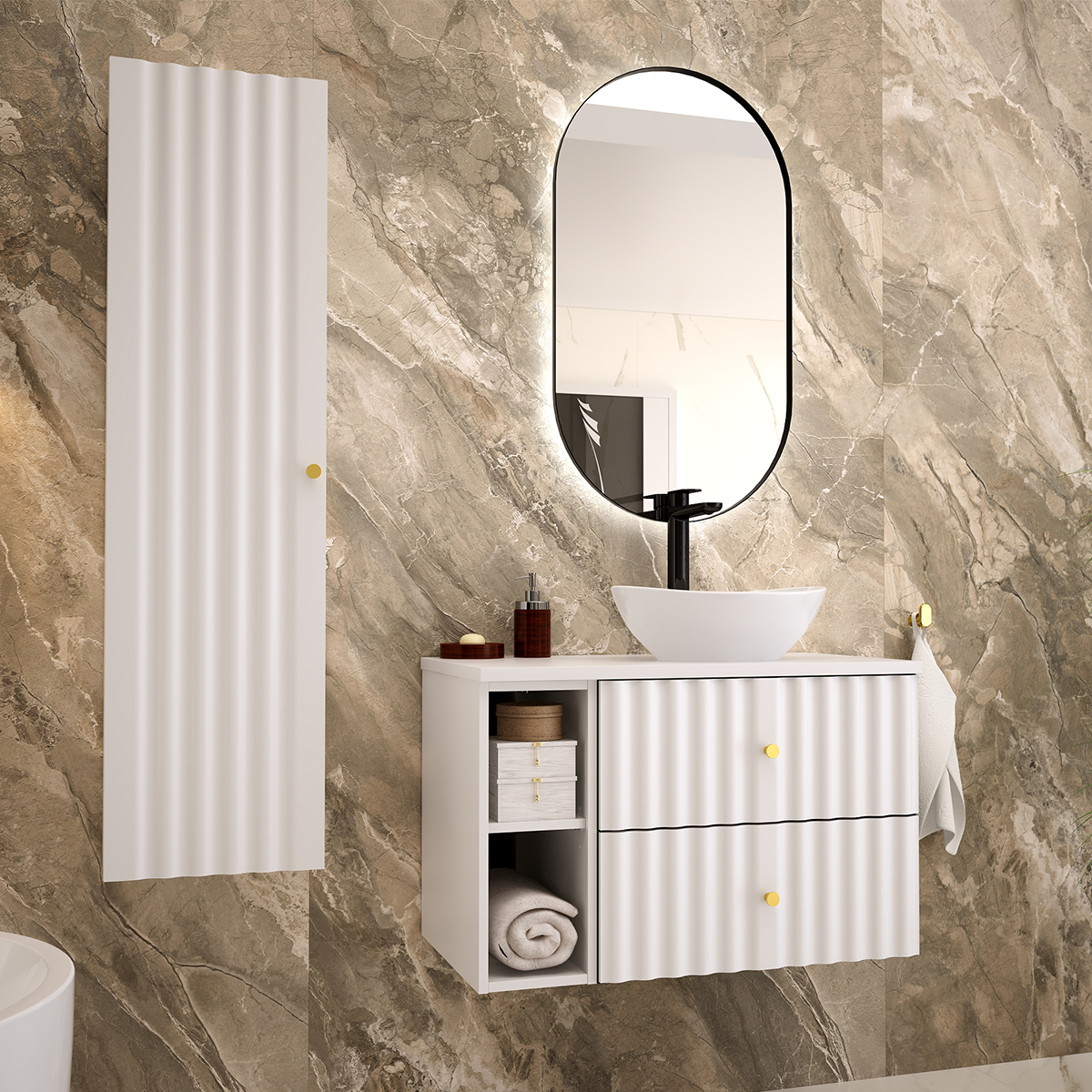 Ensemble meuble simple vasque 80cm 2 niches et colonne Izae Blanc