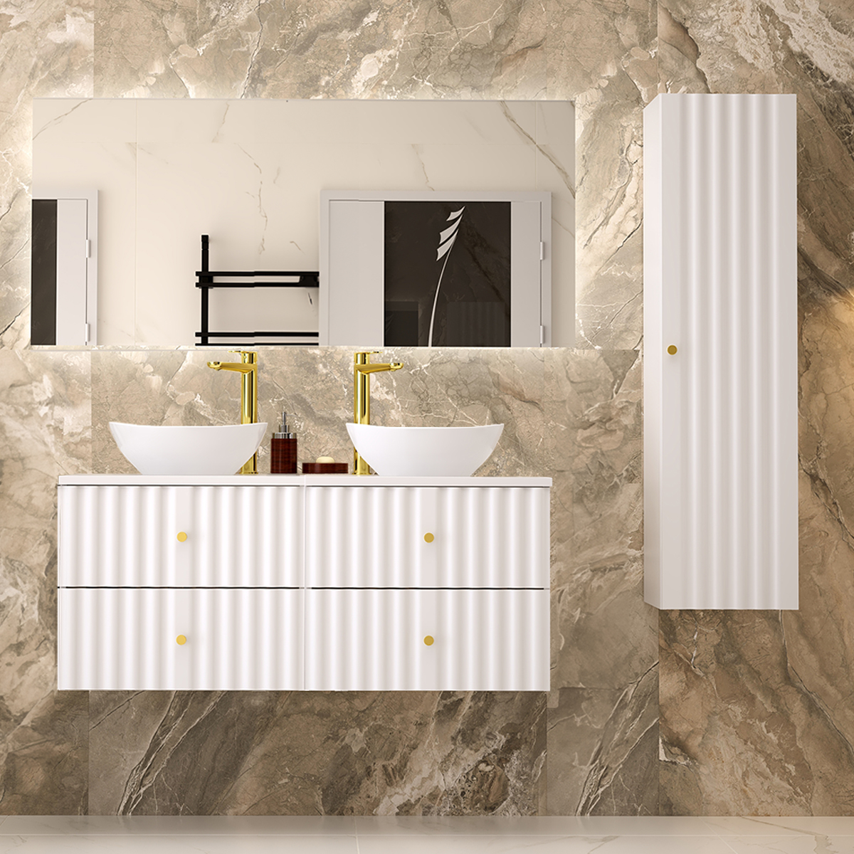 Ensemble meuble double vasque 120cm et colonne Izae Blanc