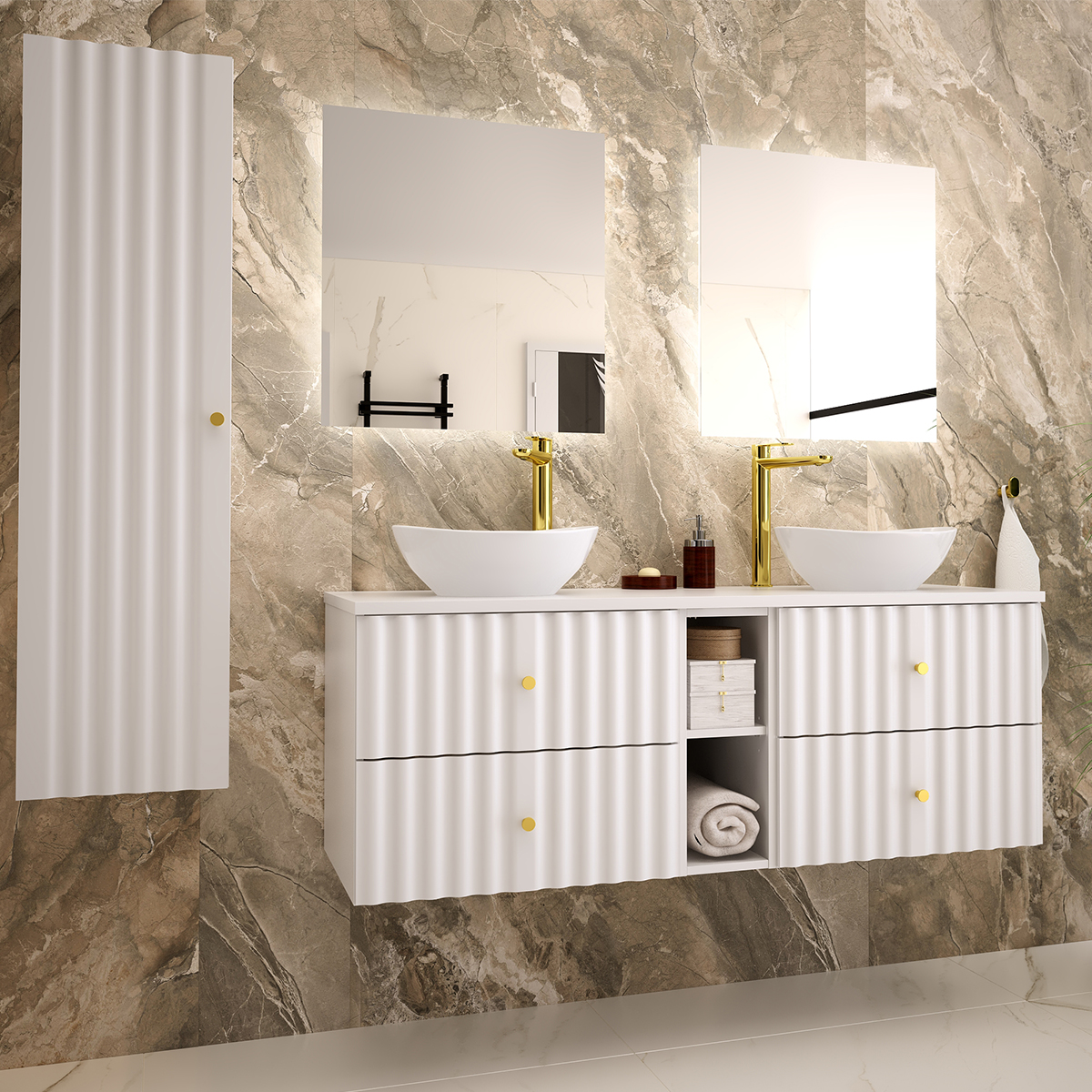 Ensemble meuble double vasque 140cm 2 niches et colonne Izae Blanc