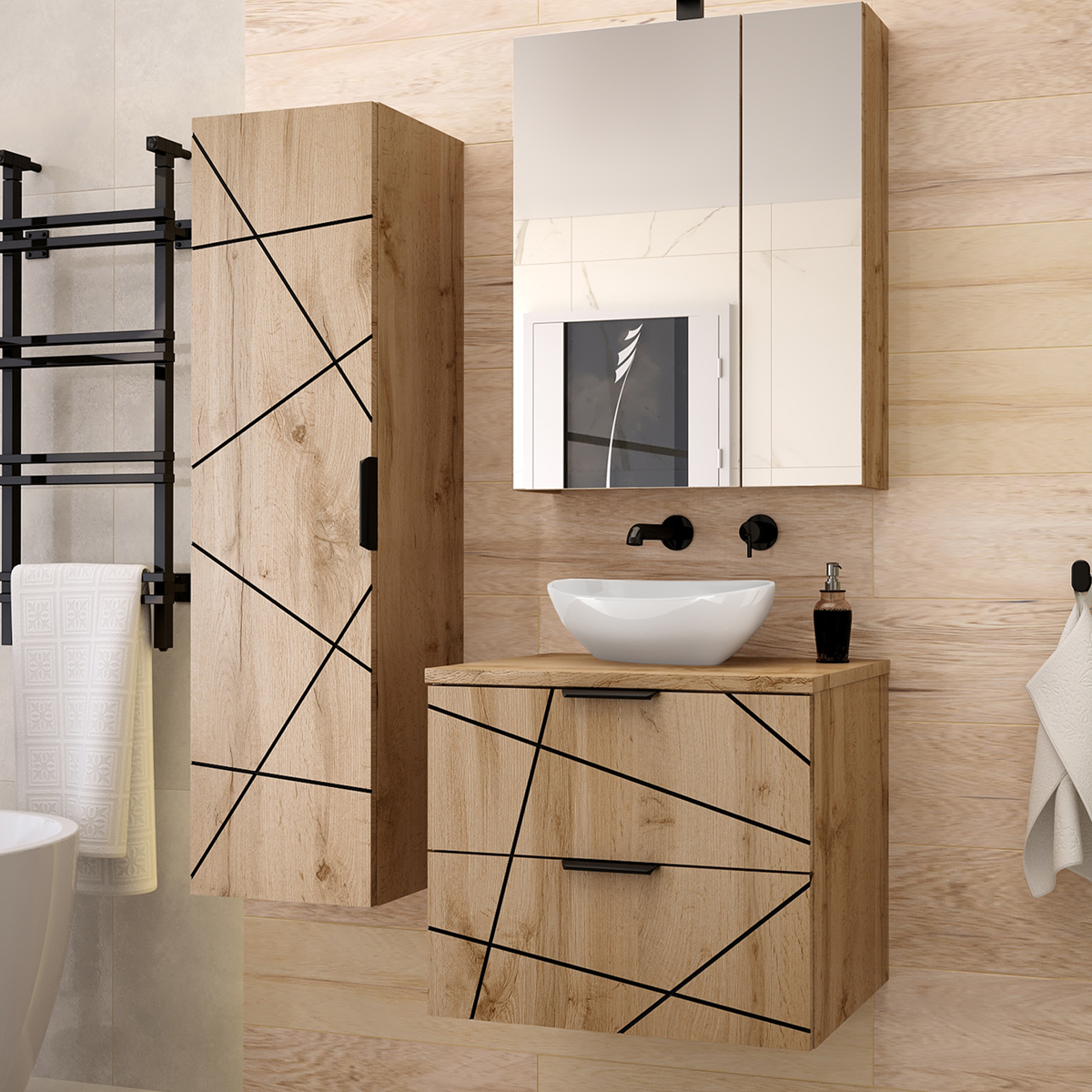 Meuble salle de bain 100 cm pour vasque à poser - Effet bois strié - A suspendre - Karaib 2 GODART