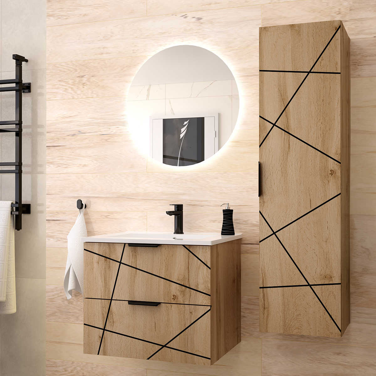 Ensemble meuble simple vasque encastrée 60cm et colonne Teren Bois