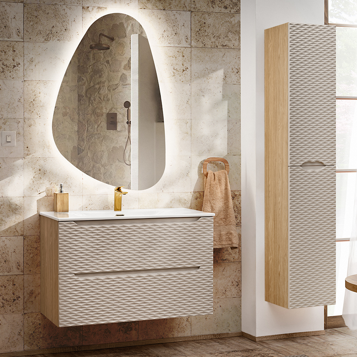 Ensemble meuble simple vasque encastrée 90cm et colonne Elora Beige et bois