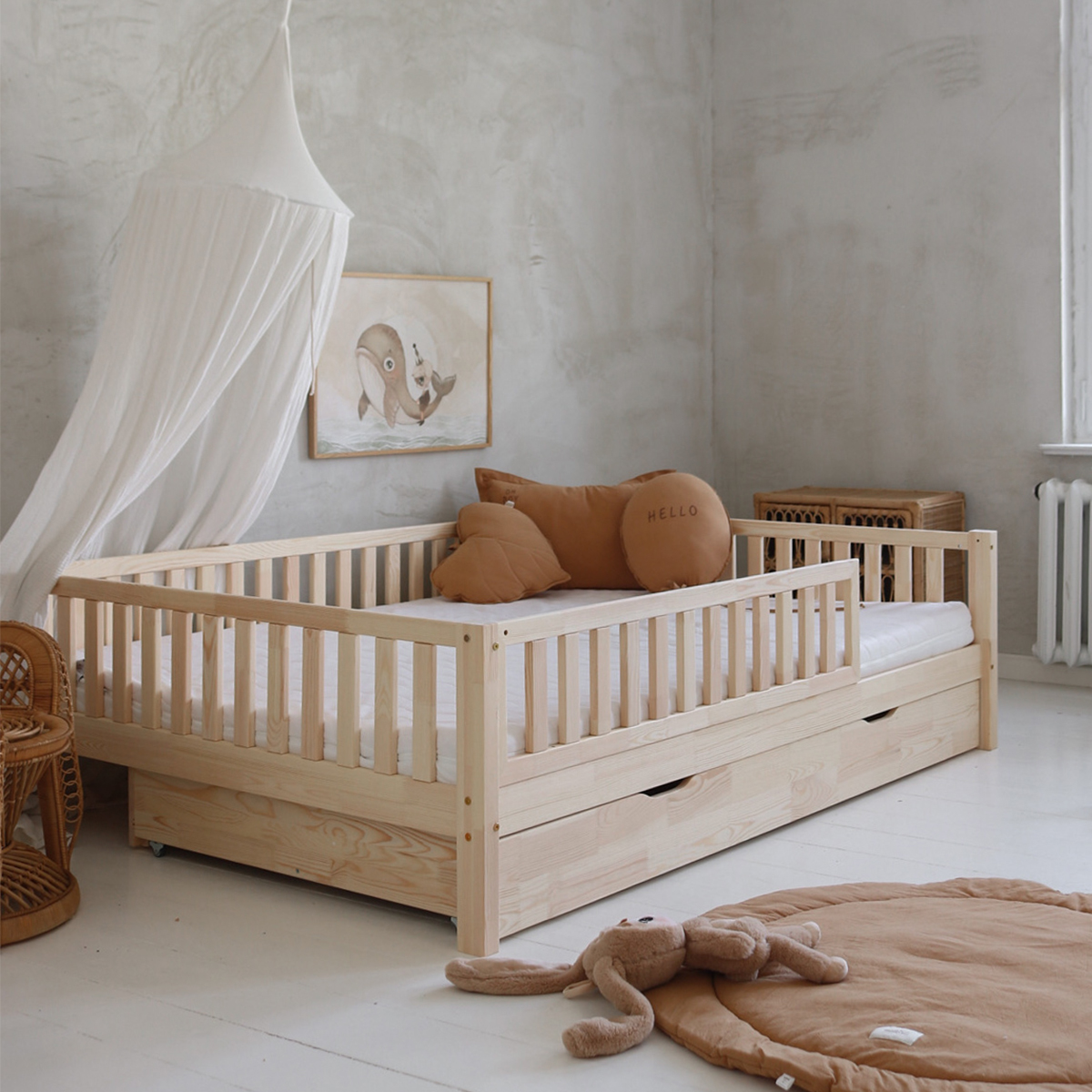 Lit 140x200 barrière sommier et tiroir inclus Agnès Bois