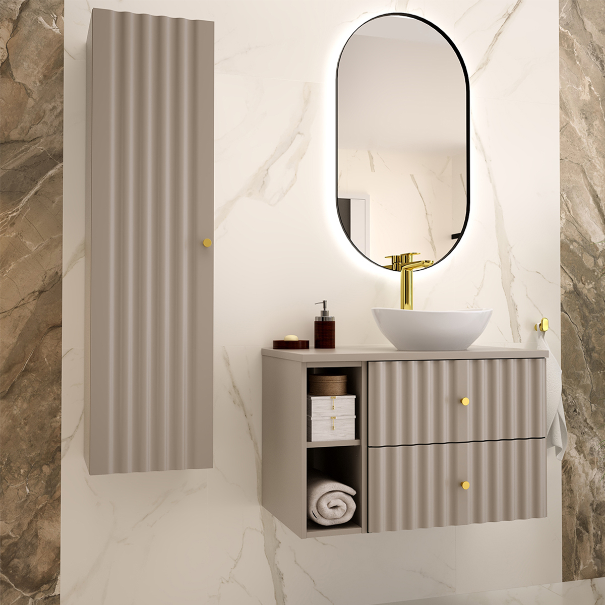 Ensemble meuble simple vasque 80cm 2 niches et colonne Izae Cachemire