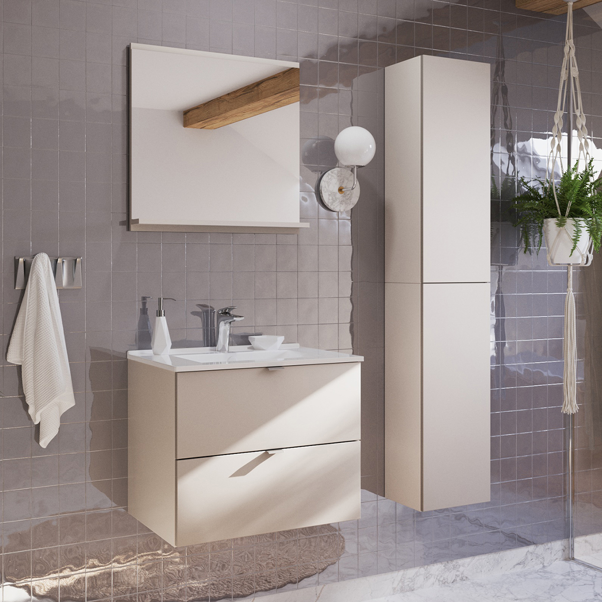 Ensemble meuble simple vasque encastrée 60cm et colonne Azel Cachemire