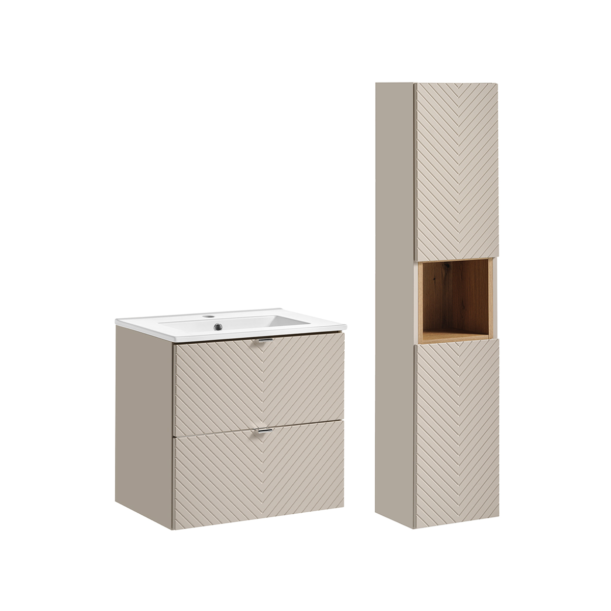 Ensemble meuble simple vasque encastrée 60cm 2 tiroirs et colonne Manoa Cachemire et Bois