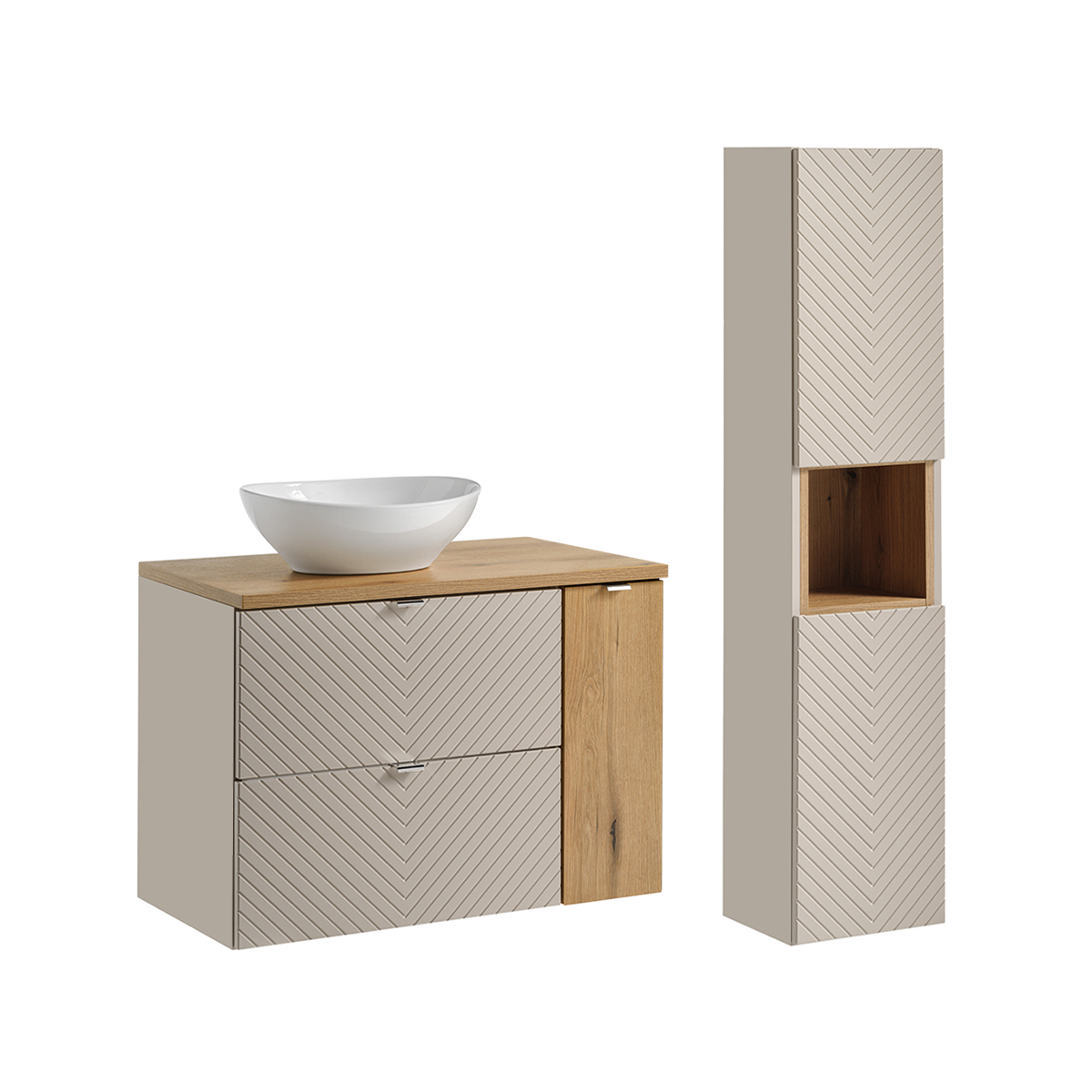 Ensemble meuble simple vasque 80cm 2 tiroirs 1 porte et colonne Manoa Cachemire et bois