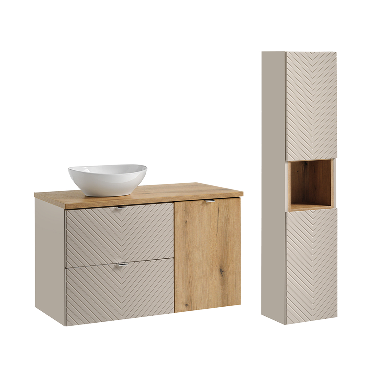 Ensemble meuble simple vasque 100cm 2 tiroirs panier à linge et colonne Manoa Cachemire et Bois