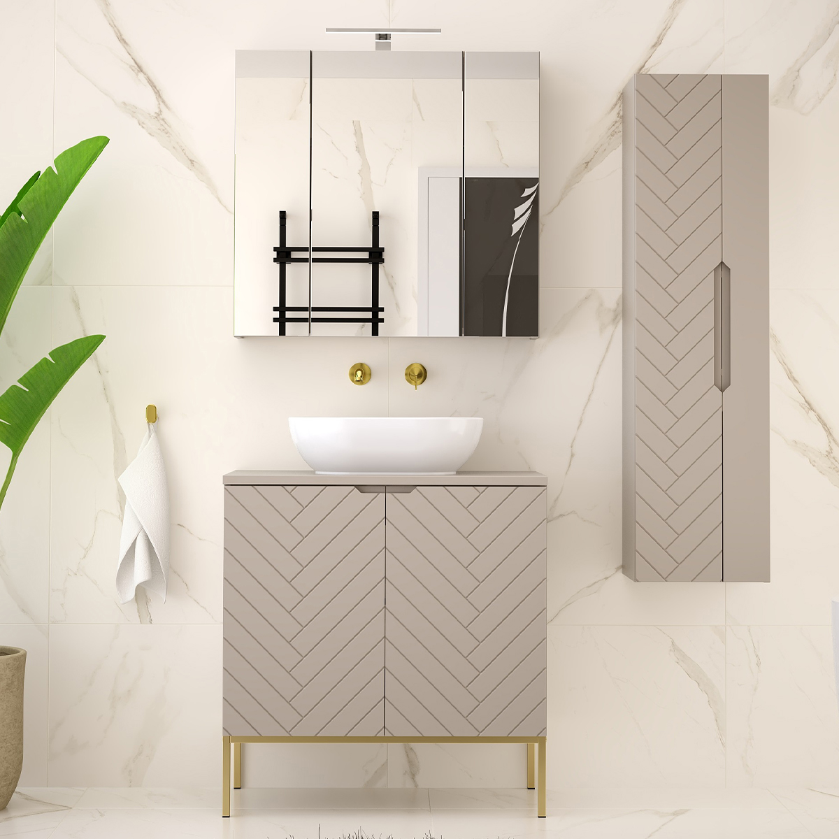 Ensemble meuble simple vasque 80cm 2 portes sur pieds et colonne Daria Cachemire
