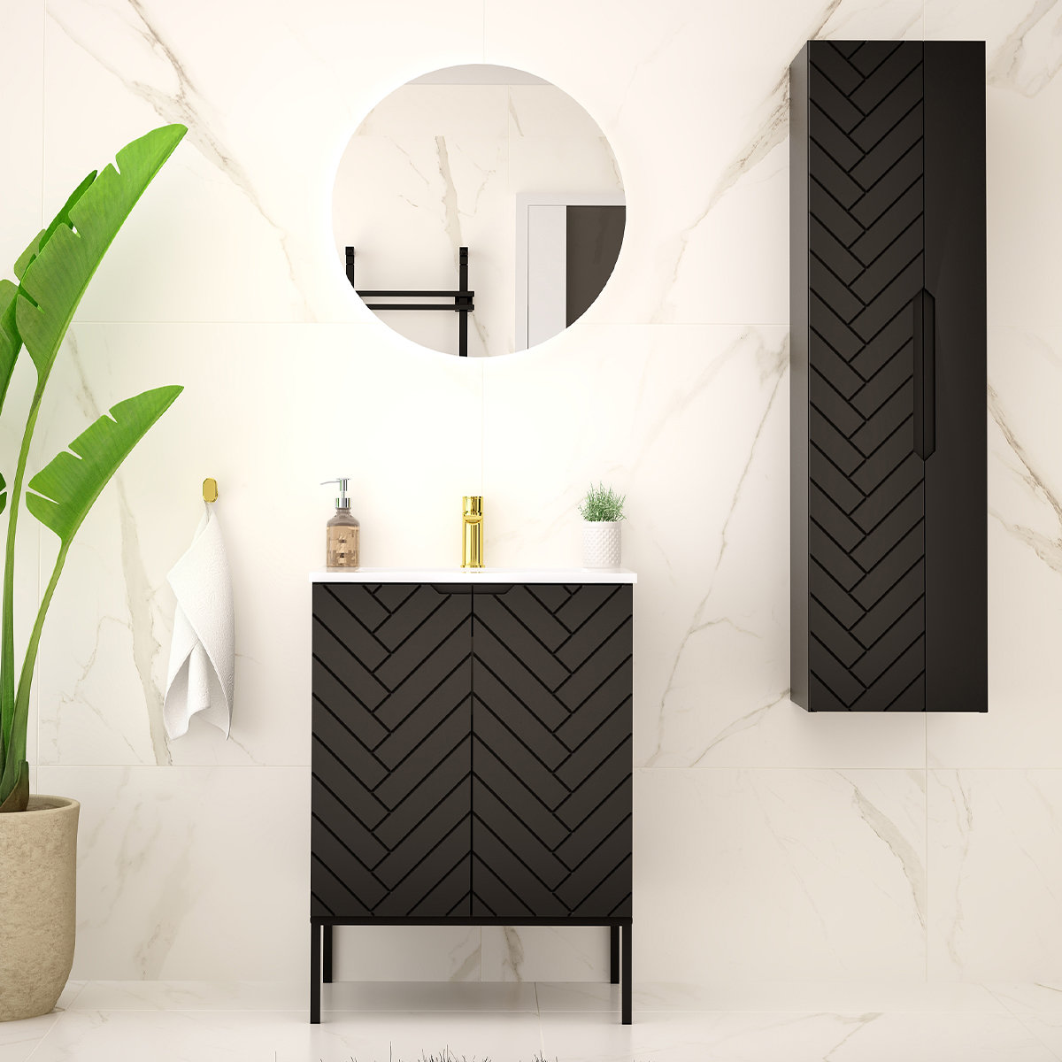 Ensemble meuble simple vasque encastrée 60cm 2 portes sur pieds et colonne Daria Noir