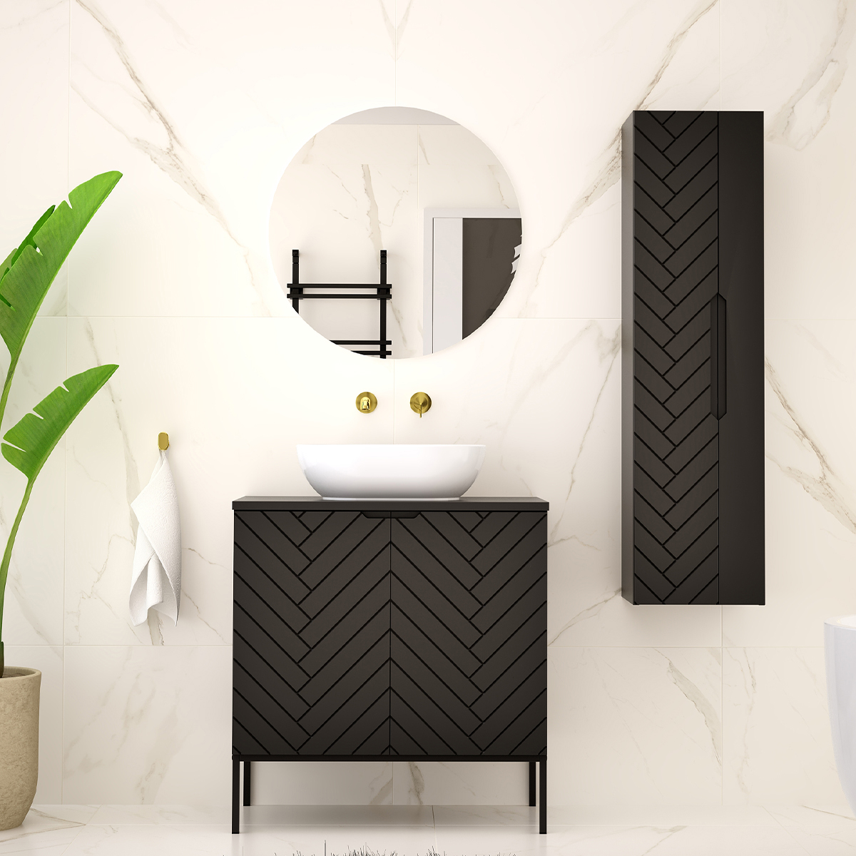 Ensemble meuble simple vasque 80cm 2 portes sur pieds et colonne Daria Noir