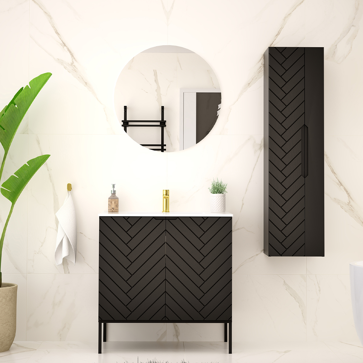 Ensemble meuble simple vasque encastrée 80cm 2 portes sur pieds et colonne Daria Noir