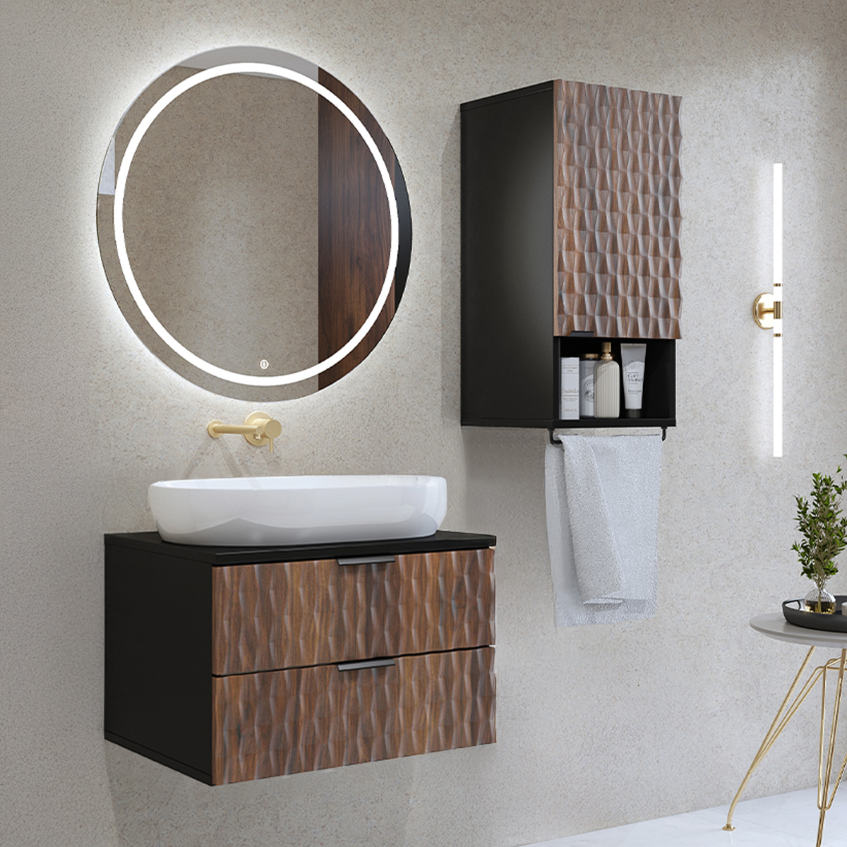 Ensemble meuble sous-vasque 60 cm et armoire Nevia Bois et Noir