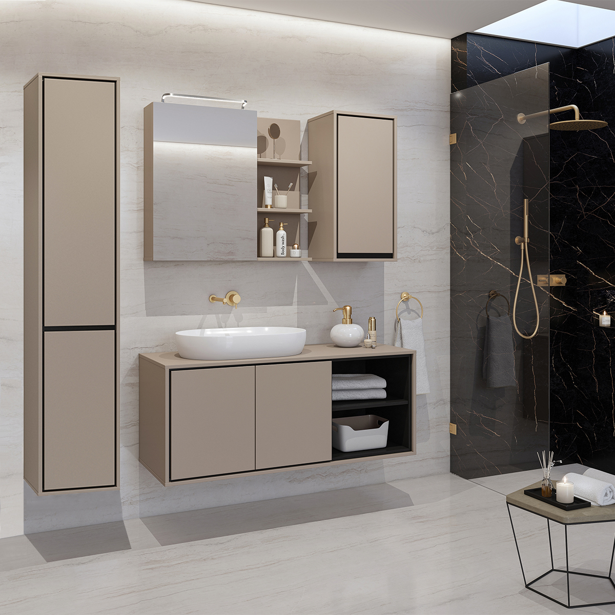 Ensemble meuble sous-vasque 120cm colonne et armoires Sophéa Taupe