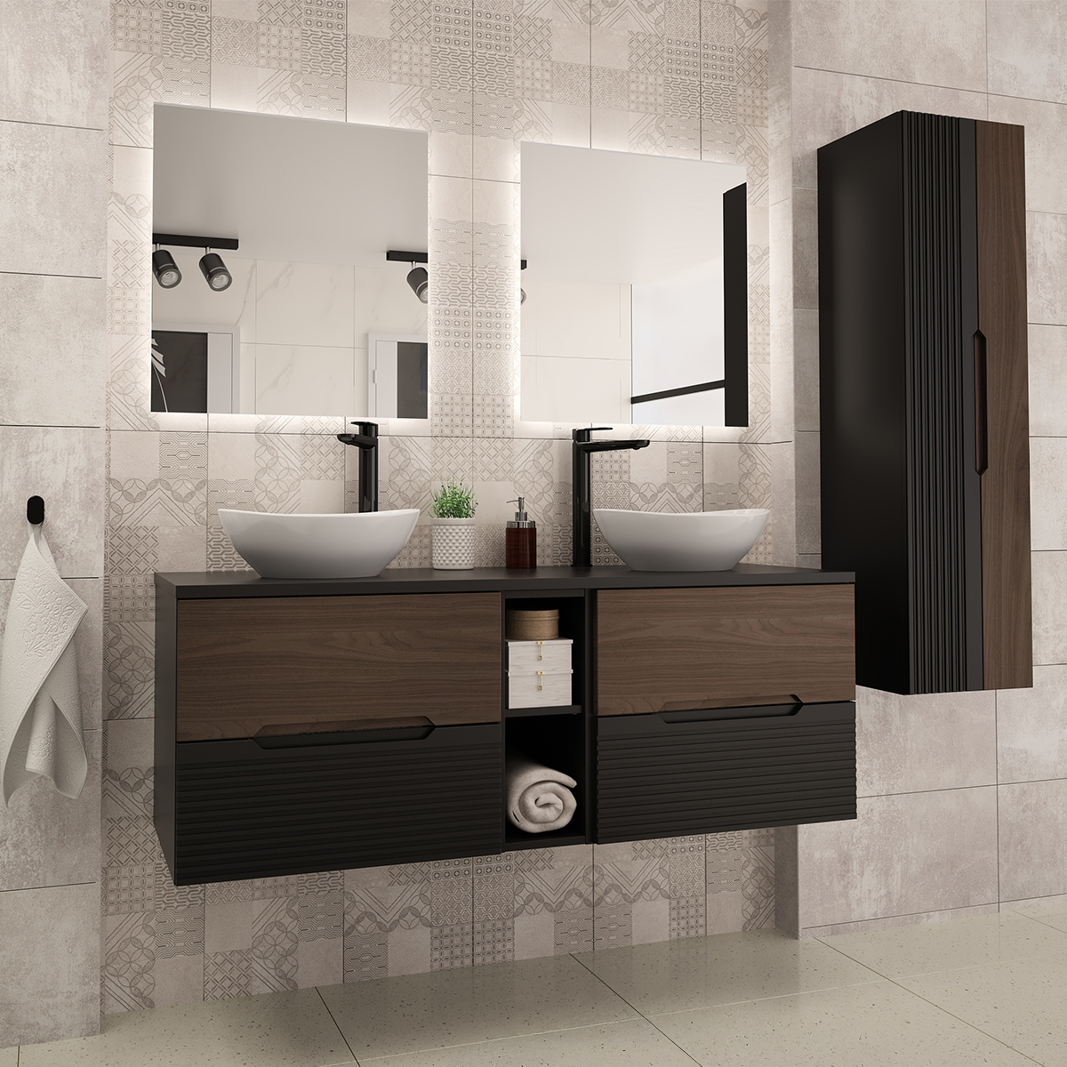 Ensemble meuble double vasque 140cm 2 niches et colonne Sylla Noir et bois
