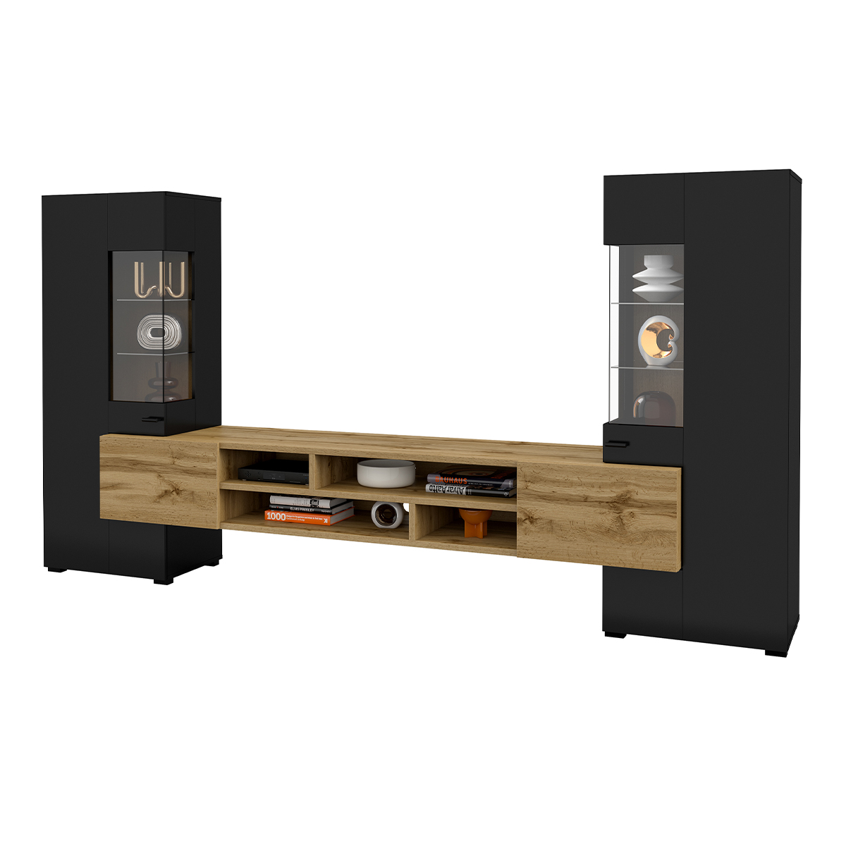 Ensemble meuble TV et 2 armoires Akram Noir et Bois