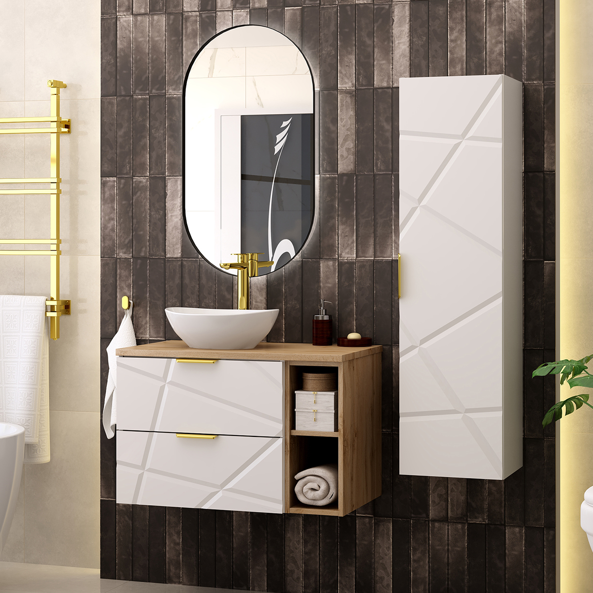Ensemble meuble simple vasque 80cm 2 niches et colonne Aurora Blanc et Bois