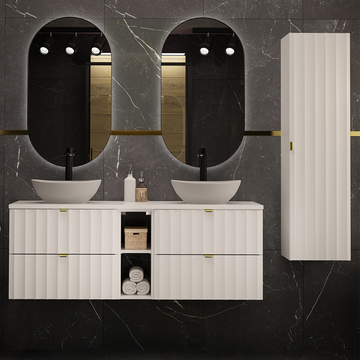 Ensemble meuble double vasque 140cm 2 niches et colonne Lexa Blanc