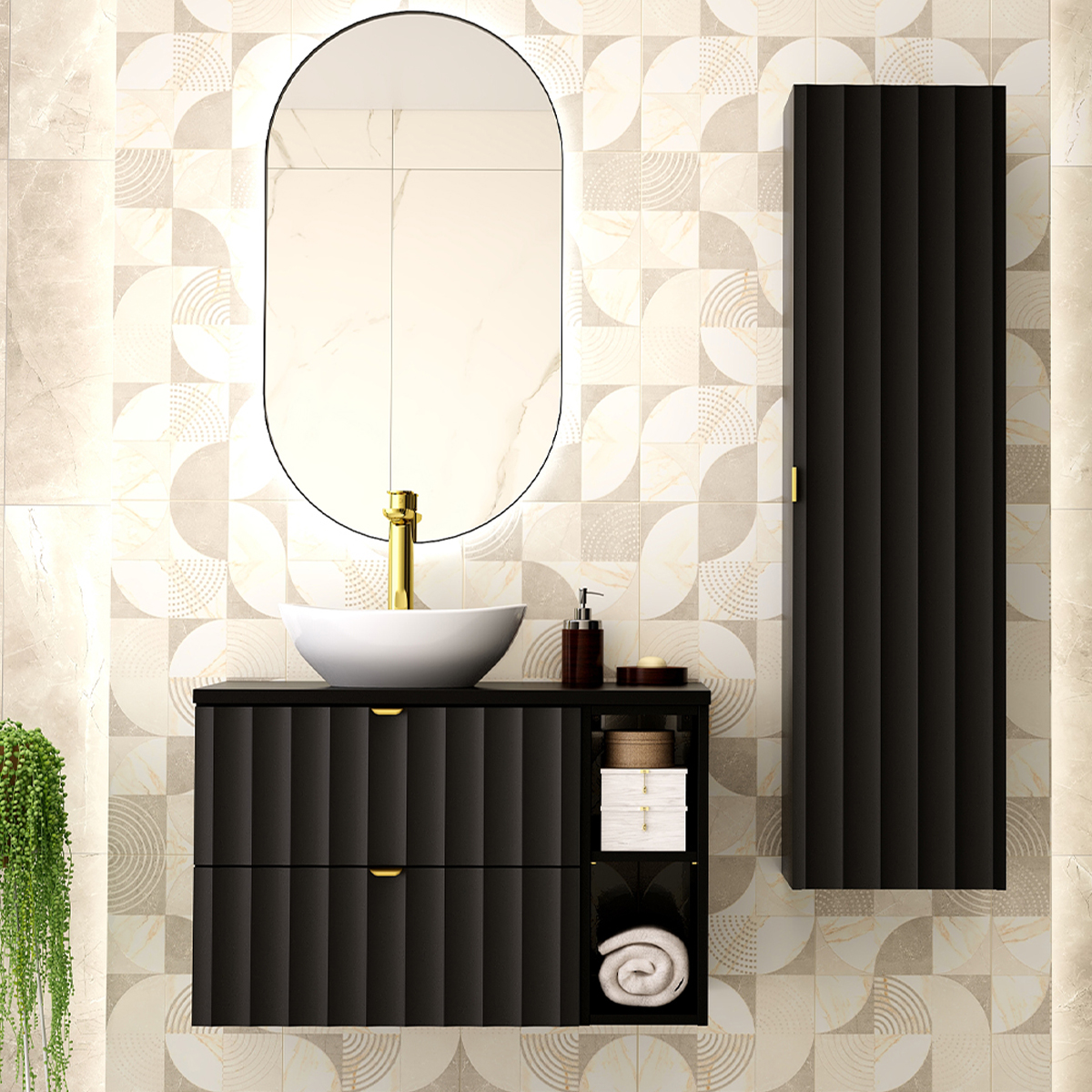 Ensemble meuble simple vasque 80cm 2 niches et colonne Lexa Noir